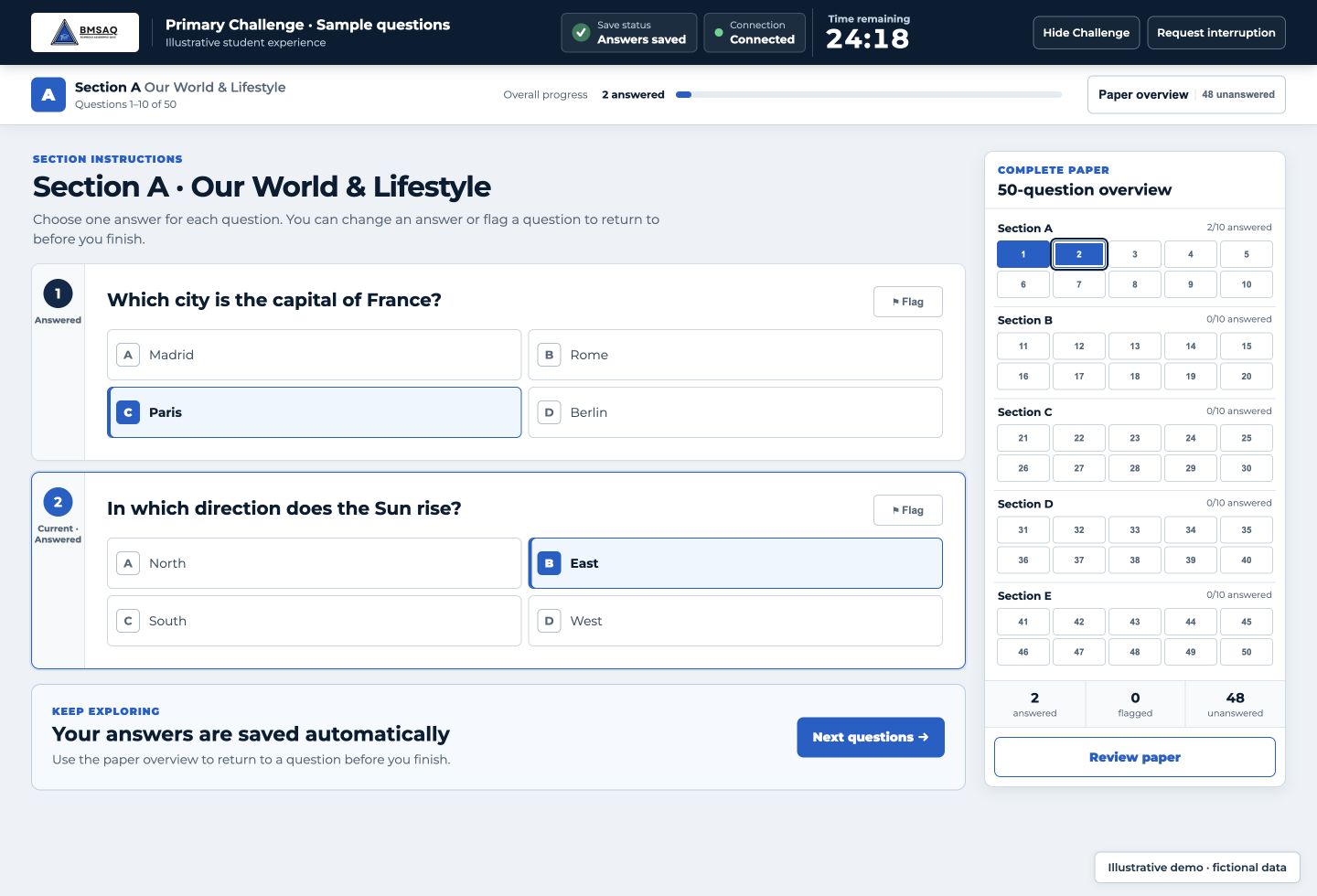 BMSAQ sample questions in the student portal